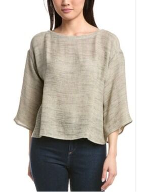 NWT Eileen Fisher Linen Blend Bateau Neck Top in Beige Xl!